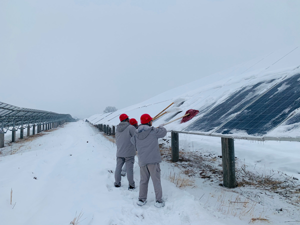 电站员工清理光伏板上的积雪。受访者供图